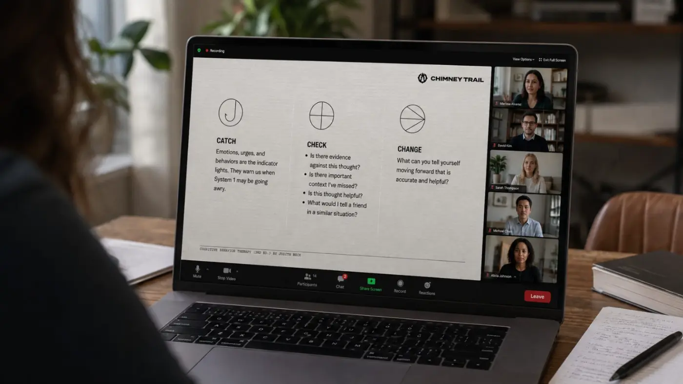 A team on a live Check-In Session video call