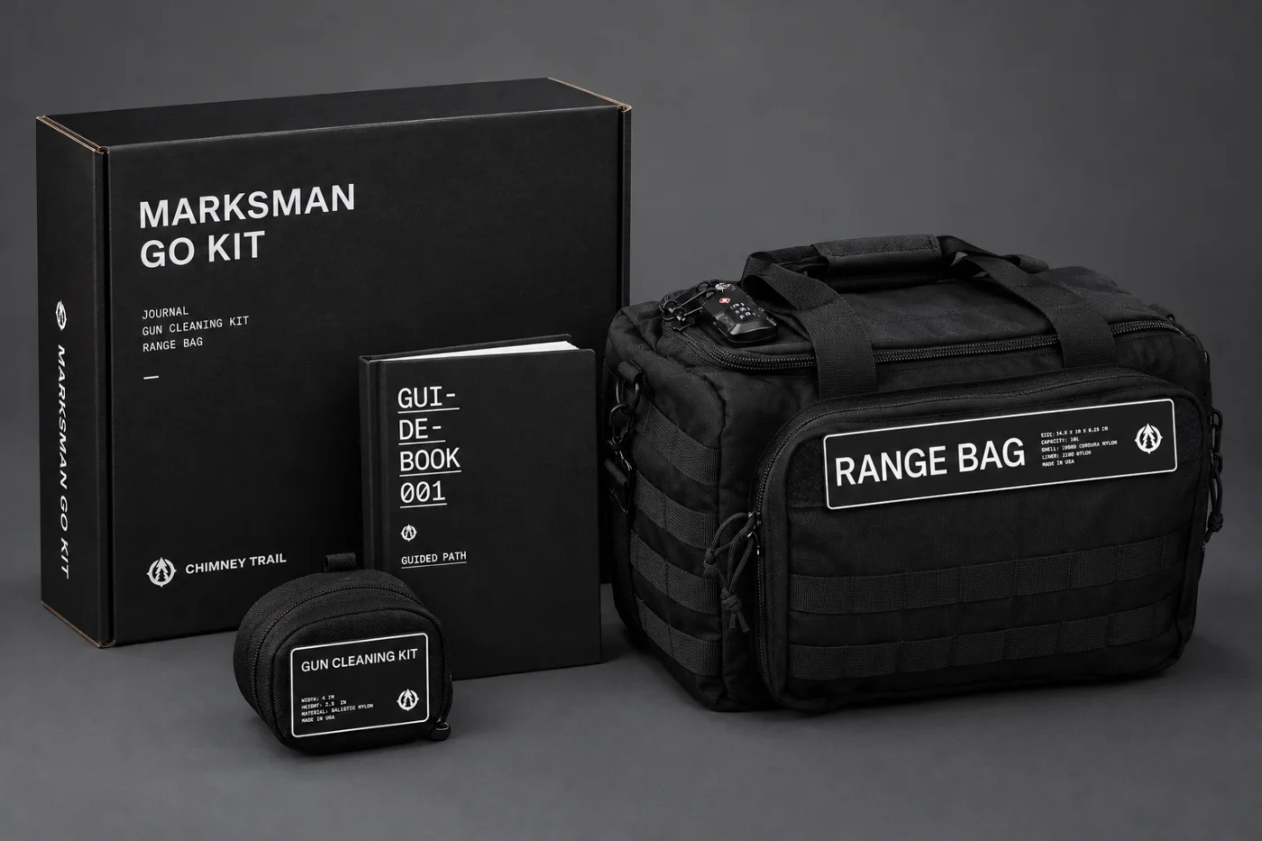 Marksman Go Kit: shipping box, range bag, gun cleaning kit and guidebook