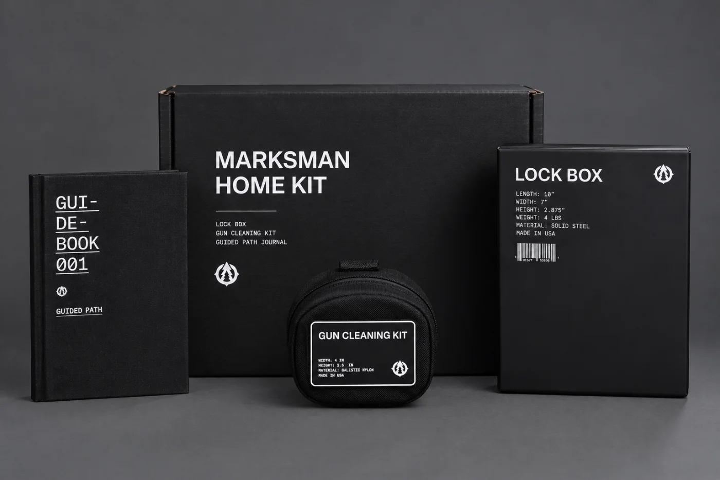 Marksman Home Kit: shipping box, lock box, gun cleaning kit and guidebook